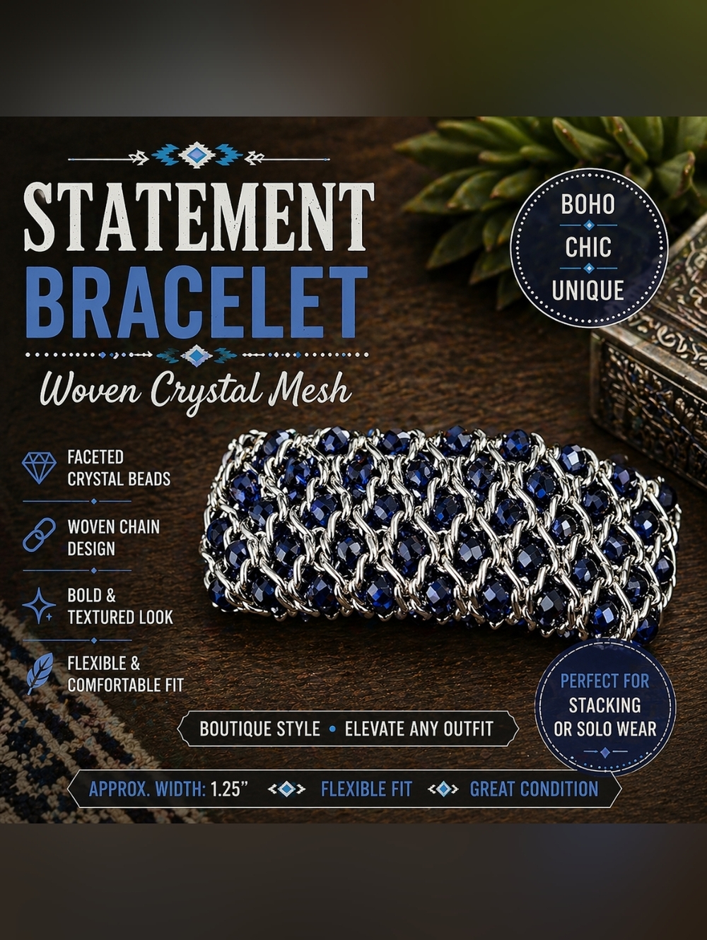 Navy Blue Crystal Woven Mesh Cuff Bracelet Silver Chain Wide Statement Jewelry